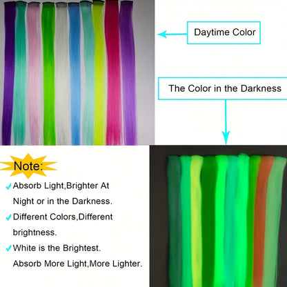 10pcs Glowing Clip-In Synthetic Hair Extensions 20-Inch Colorful Neon Glow-in-the-Dark Wigs, Easy-to-Wear Clip Design, Smooth Soft Texture, Women'S Daily Fashion Accessory for Halloween New Year Parties