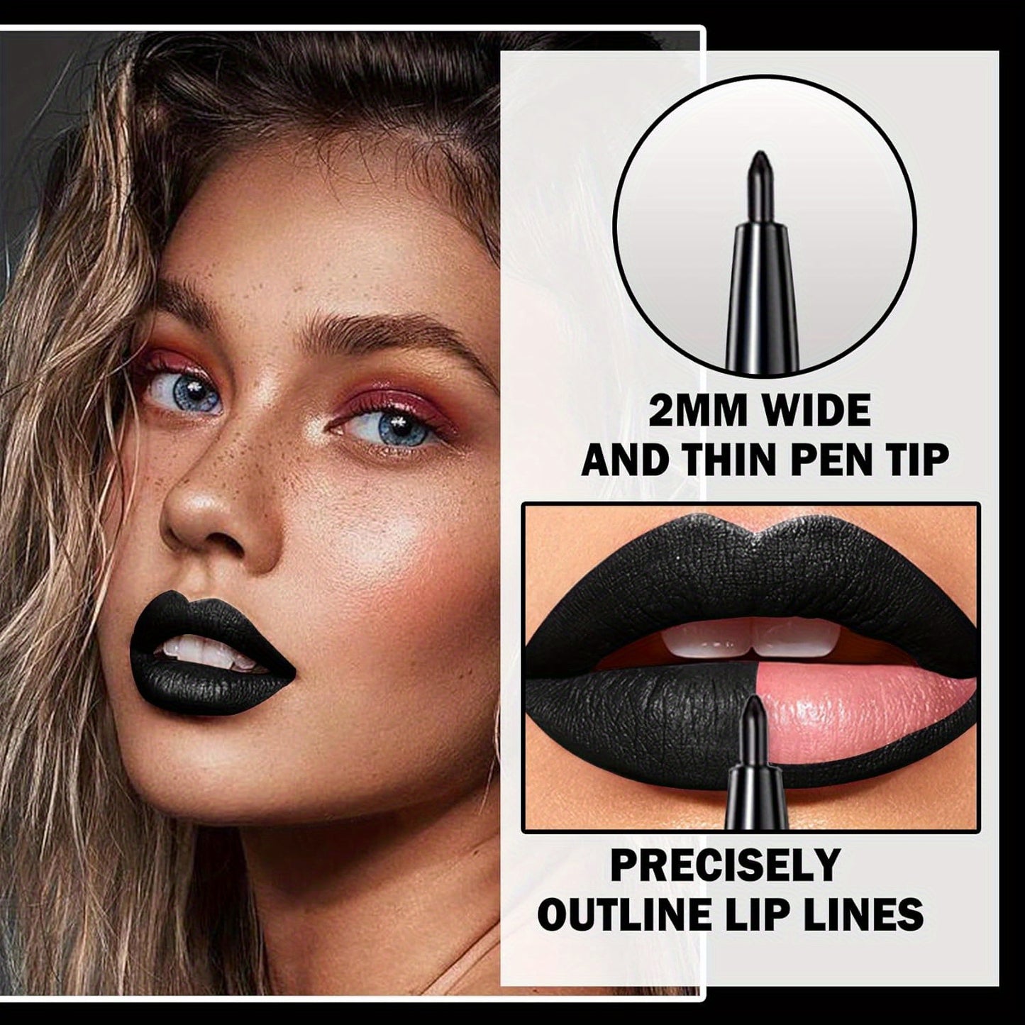 3pcs Black Lip Liner And Lipstick Set Liquid Matte Lipstick Velvet Charming Long-Lasting Waterproof Lip Gloss Makeup Kit for Halloween Goth Face Body Paint Cosplay Party Accessories Dress Up