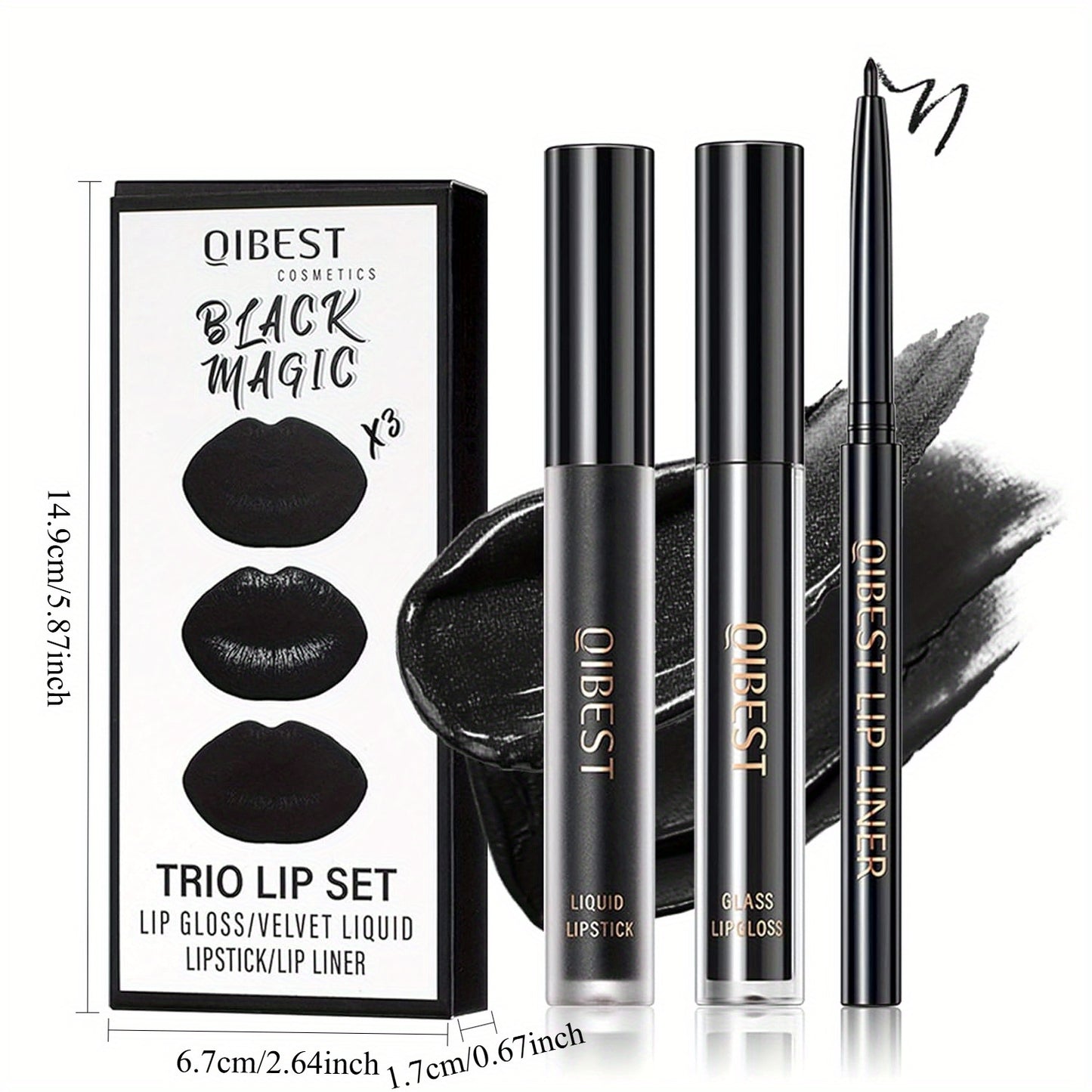3pcs Black Lip Liner And Lipstick Set Liquid Matte Lipstick Velvet Charming Long-Lasting Waterproof Lip Gloss Makeup Kit for Halloween Goth Face Body Paint Cosplay Party Accessories Dress Up