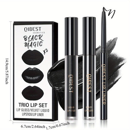 3pcs Black Lip Liner And Lipstick Set Liquid Matte Lipstick Velvet Charming Long-Lasting Waterproof Lip Gloss Makeup Kit for Halloween Goth Face Body Paint Cosplay Party Accessories Dress Up