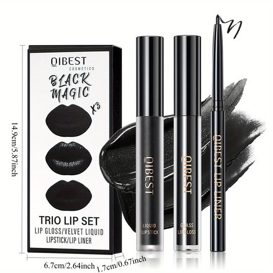 3pcs Black Lip Liner And Lipstick Set Liquid Matte Lipstick Velvet Charming Long-Lasting Waterproof Lip Gloss Makeup Kit for Halloween Goth Face Body Paint Cosplay Party Accessories Dress Up