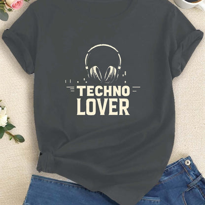 Women'S "Techno Lover" Graphic T-Shirt - Green Casual Crew Neck Tee with Headphones Design, Short Sleeve for Spring & Summer, Casual Attire|Playful Print|Comfortable Fit, Techno Tshirt