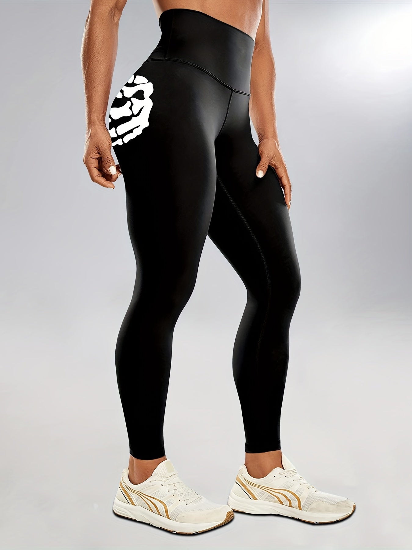 Halloween Fluorescent Skeleton Hands Printed Sports Yoga Leggings, High Waist Workout Running Sports Tight Pants, Women's Activewear Carnaval for carnival & Music Festival
