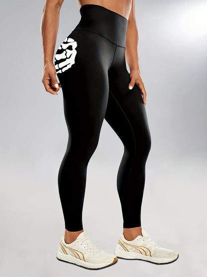 Halloween Fluorescent Skeleton Hands Printed Sports Yoga Leggings, High Waist Workout Running Sports Tight Pants, Women's Activewear Carnaval for carnival & Music Festival