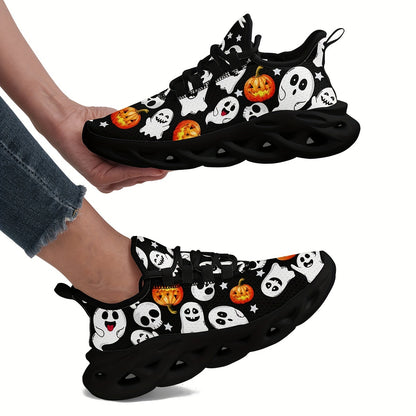 Ghosts and Pumpkins Ladies Outdoor Blade Bottom Breathable Mesh Face Shock Absorption Comfortable Wear Resistant Bounce Low Top Sports Shoes, Suitable for Halloween Shoes