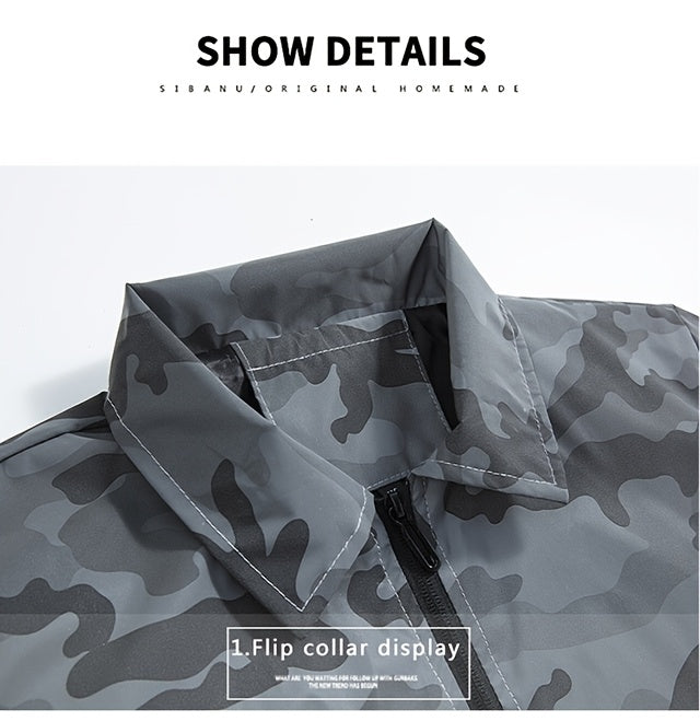 Men's Reflective Camo Soft Shell Jacket - Lightweight Polyester, Zip-Up Design with Flap Pockets, Gray Camouflage Pattern for Outdoor Activities, Running, Training, Hiking & Cycling - Perfect for Casual Wear