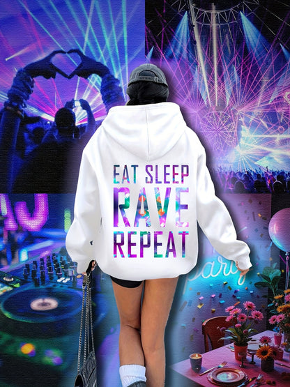 Plus Size, Women's Plus Size "EAT SLEEP RAVE REPEAT" Graphic Hoodie - Music Festival Print with Colorful Lights & DJ Design, Cozy Drawstring Hooded Sweatshirt for Winter & Autumn, Machine Washable Casual Pullover