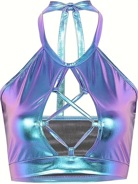 Women'S Sexy Metallic Green Holographic Halter Top - Backless Cut-Out Design, Short Sleeveless Party Wear, Summer Fashion Statement Piece, Sexy Party Wear | Holographic Design | Metallic Finish