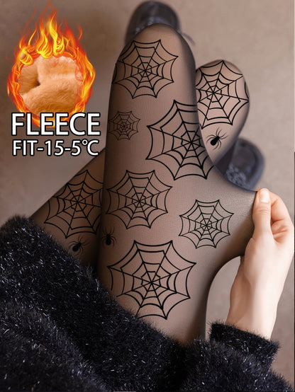[Sexy Spider Web Leggings] 1pc Women's Sexy Spider Web Thermal Leggings | Thickened, Geometric Pattern, Skinny Tights for Casual Wear, Black with White Spider Web Design, Perfect for Fall/Winter