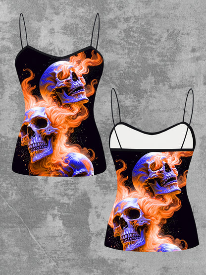 Women's Gothic Pink Flame Skull Graphic Cami Top - Elegant Sleeveless Spaghetti Strap Shirt, Machine Washable, Stretch Fabric, Perfect for Spring/Summer/Fall, Casual Wear | Edgy Chic | Medium Stretch