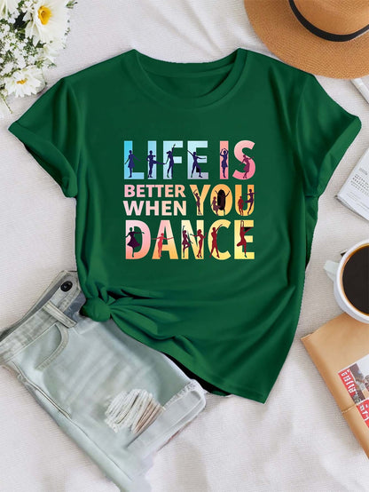 Women'S "Life is Better When You Dance" Graphic Tee - Casual Crew Neck Short Sleeve Top, Vibrant Geometric Print, Polyester Blend, Perfect for Spring & Summer, Dance Clothing