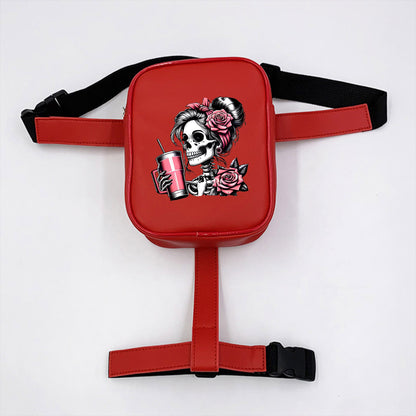 Gothic Skull Print Adjustable Waist Bag - Lightweight Foldable Nylon Sports Pack for Running Cycling Fitness, Black with Pink Roses & Straws Design, Multi-Functional Phone Storage Mini Leg Pack, Cycling Storage Bag | Edgy Fas
