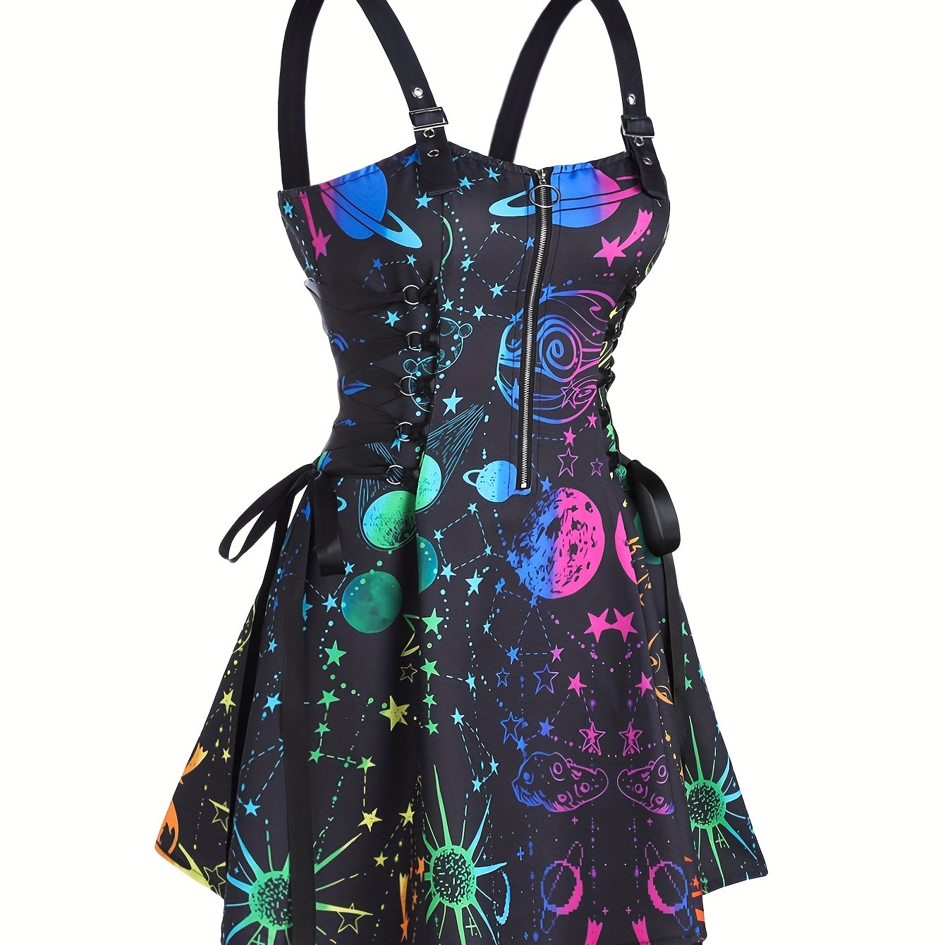 Women's Galaxy Print Sleeveless Dress with Adjustable Straps & Zipper Detail - Vibrant Starry Sky Design, Polyester Fabric, Machine Washable, Casual Style for All Seasons, Galaxy Dress