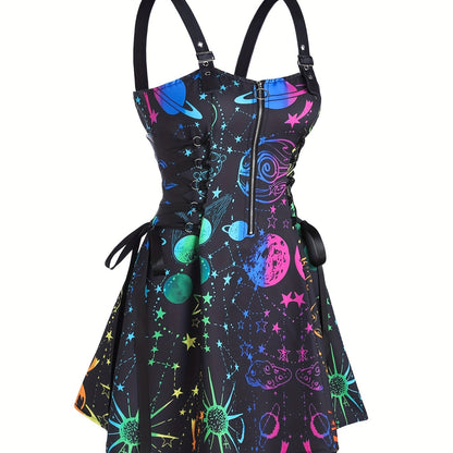Women's Galaxy Print Sleeveless Dress with Adjustable Straps & Zipper Detail - Vibrant Starry Sky Design, Polyester Fabric, Machine Washable, Casual Style for All Seasons, Galaxy Dress