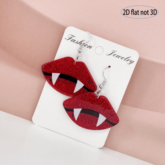 2D Flat, Pair of Red Lips & Fangs Glitter Earrings - 2D Flat Gothic Cute Jewelry with Sparkling Accents, Lightweight Dangle Earrings for Women, Perfect for Daily Wear & Halloween Party Accessories, Cute Earrings, Costume Jewe