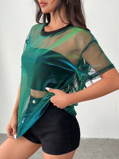 Women's Gradient Color Mesh Panel Summer T-Shirt - Elegant Loose Fit Round Neck Semi-Sheer Top for Casual & Evening Wear, Breathable Spring/Summer Fashion, Summer T Shirts, Spring Fashion, Stylish Semisheer, Elegant Mesh Desi
