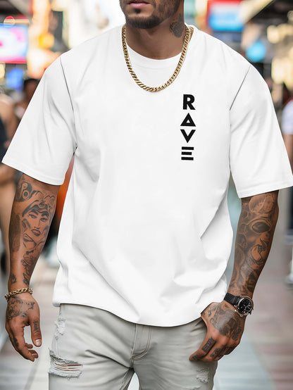 R V Men's Short Sleeve T-Shirt - Vibrant Yellow with Bold RAVE Graphic Print, Breathable Round Neck Casual Top for Summer Beach Resorts & Outdoor Activities