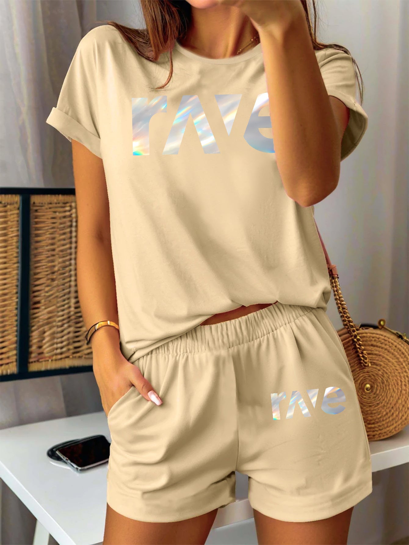 2pcs Women'S Casual Summer Outfit - Rave Graphic Print T-Shirt & Shorts Set, Light Green Polyester Blend, Round Neck, Short Sleeve, High-Waisted Shorts with Drawstring, Perfect for Casual Attire, High Waisted Shorts