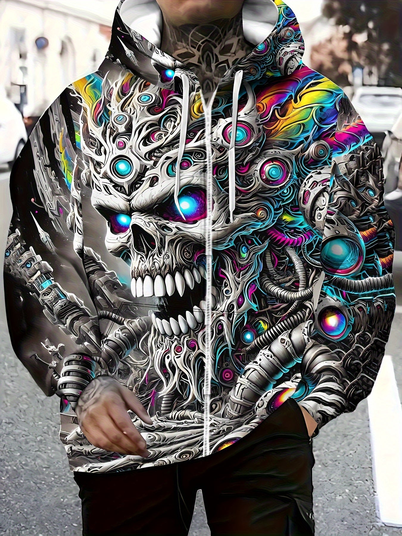 Men's Cyberpunk Gothic Hooded Jacket - Full-Zip Graphic Sweatshirt with Skull & Mechanical Eyes, Front Pockets, Adjustable Drawstring Hood - Lightweight Outerwear for Streetwear, Gym, Halloween Parties - Machine Washable Poly
