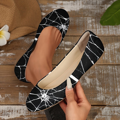 [Spooky Halloween Flats] Gothic Spider Web Flats for Women - Halloween Shoes with Slip-Resistant TPR Sole, Pull-On Closure | Breathable Fabric, Elegant Design for Costume Parties, Themed Events & Everyday Wear - All-Season