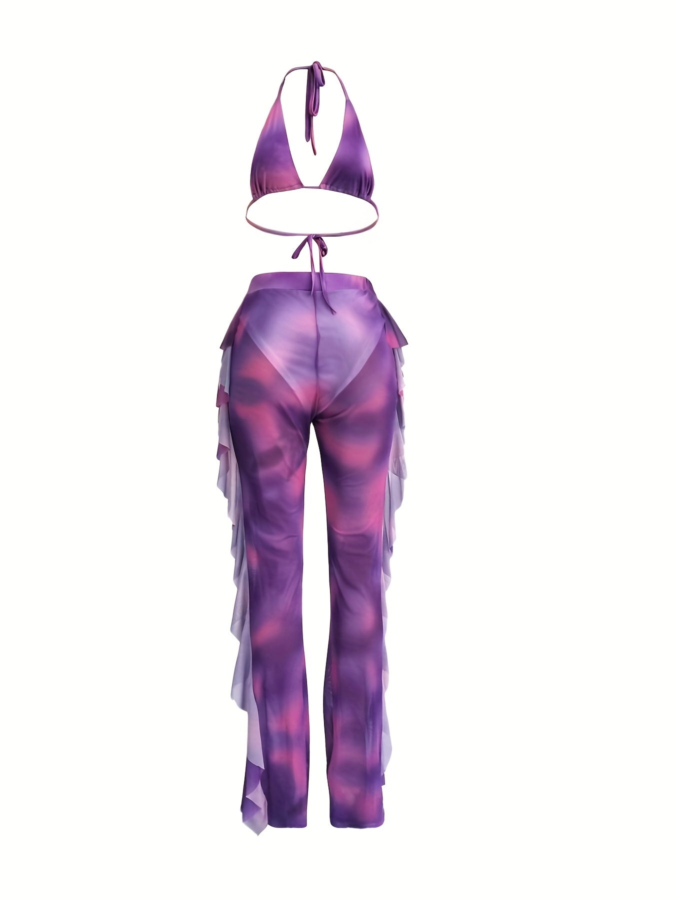 Sexy Tie Dye Matching Two-piece Set, Crop Halter Top & Fringe Hem Pants Outfits, Women's Clothing