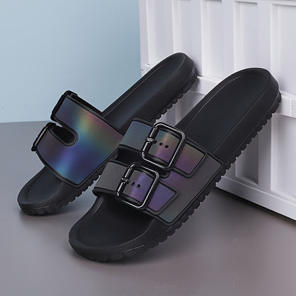 Unisex Fashion Slide Sandals | Adjustable Buckle Straps | Reflective Rainbow Holographic Design | Ultra-Fine Microfiber & EVA Sole | Non-Slip, Durable | Versatile Indoor/Outdoor Use, Strappy Sandals