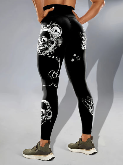 Women'S High-Waisted Stretchy Fitness Leggings with Glow-in-the-Dark Skull Print - Black, Elastic Waistband, Long Length for Running, Yoga & Halloween Party Wear, Yoga Pants, Halloween Leggings, Bold Graphic Pants, Highelasti