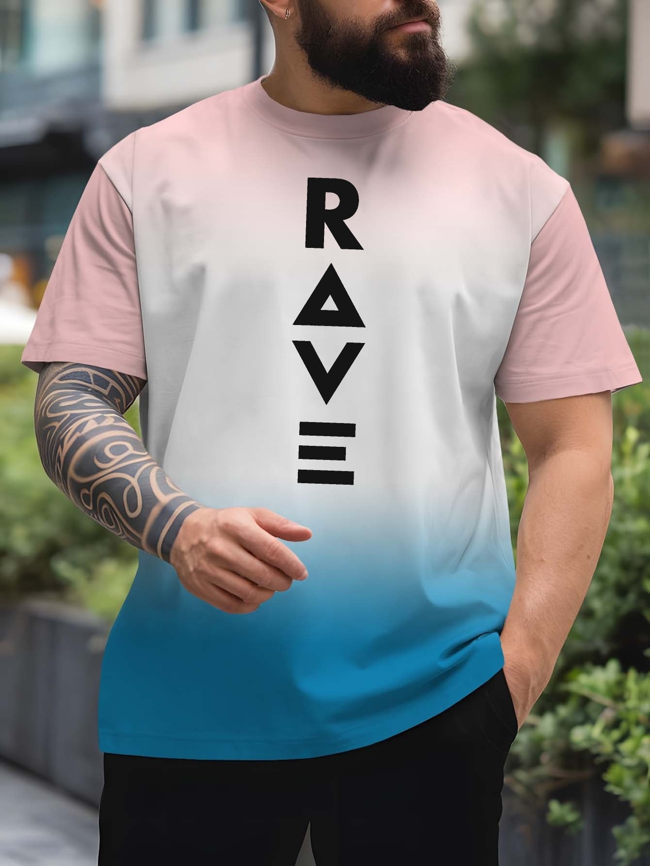 Men's Gradient Rave Graphic T-Shirt - Ice Silky Breathable, Quick-Dry, Round Neck, Short Sleeve, Casual Summer Tee in Vibrant Orange to Black Ombre Design