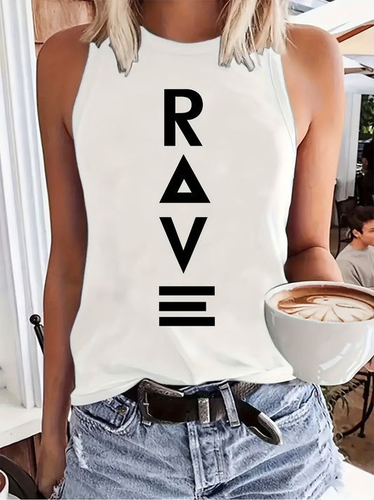 Women'S Casual RAVE Graphic Tank Top - Sleeveless, Round Neck, Light Brown with White Lettering, All-Season Fashion, Casual Attire|Bold Lettering Top|Durable Fabric