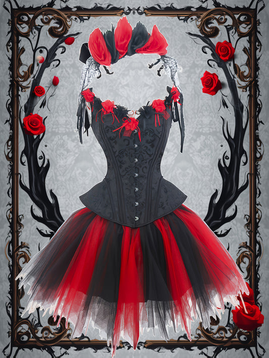 [Gothic Corset Set] Gothic Black Lace Corset and Tutu Skirt Set | Floral Mesh Headband, Mexican Day of the Dead Halloween Blood Rose Cosplay Outfit