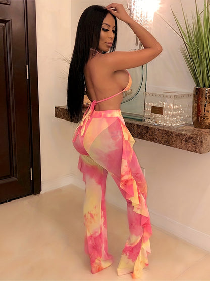 Sexy Tie Dye Matching Two-piece Set, Crop Halter Top & Fringe Hem Pants Outfits, Women's Clothing