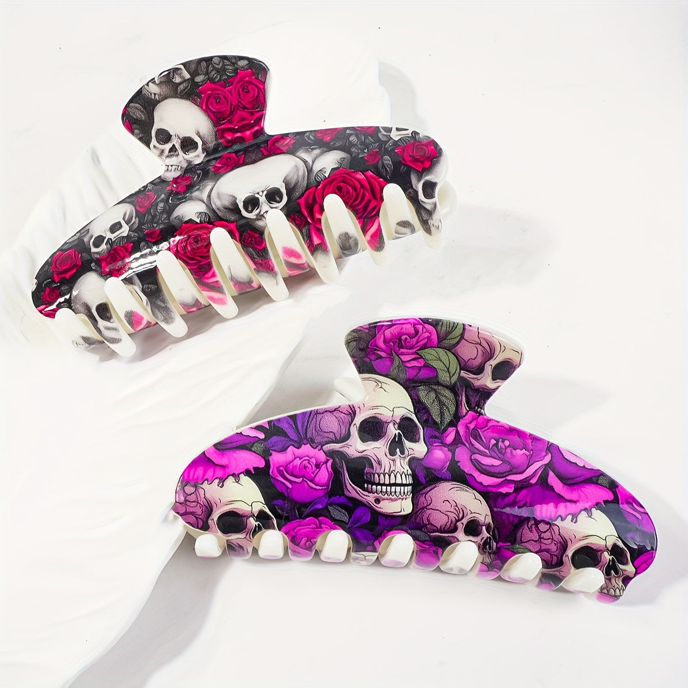 [Stylish Skull Hair Clips] 2pcs Stylish Women's Halloween Skull Hair Clips | Semi-High Back Scrunchies, Resin Shark Clips, Non-Slip Strong Fashionable Hair Accessories, Suitable for Festivals, Parties, Daily Use and Gifts