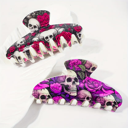 [Stylish Skull Hair Clips] 2pcs Stylish Women's Halloween Skull Hair Clips | Semi-High Back Scrunchies, Resin Shark Clips, Non-Slip Strong Fashionable Hair Accessories, Suitable for Festivals, Parties, Daily Use and Gifts