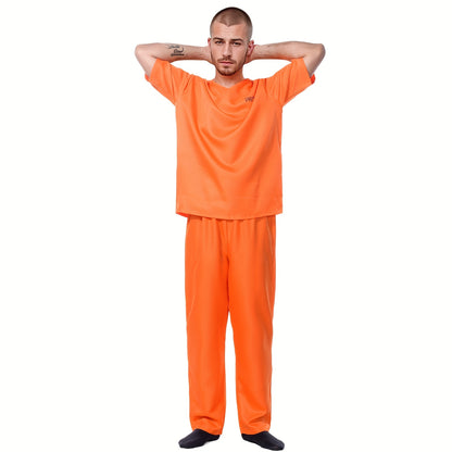2pcs Men's Halloween prison outfit, orange prisoner top with orange trousers, Halloween costume for cosplay, autumn Men's clothing, Prison Roleplay, Themed Party Wear, Scary Costume, Stylish Cosplay, Quality Stitching, Breath