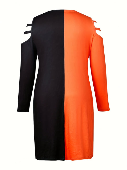 Plus Size - Women'S Halloween Party Dress - Spooky Jack-o'-Lantern Face Costume with Orange & Black colorblock, flared hem, Formal & Everyday Outfits - Plus Size Friendly Party Outfit for Halloween Celebrations & Themed Event