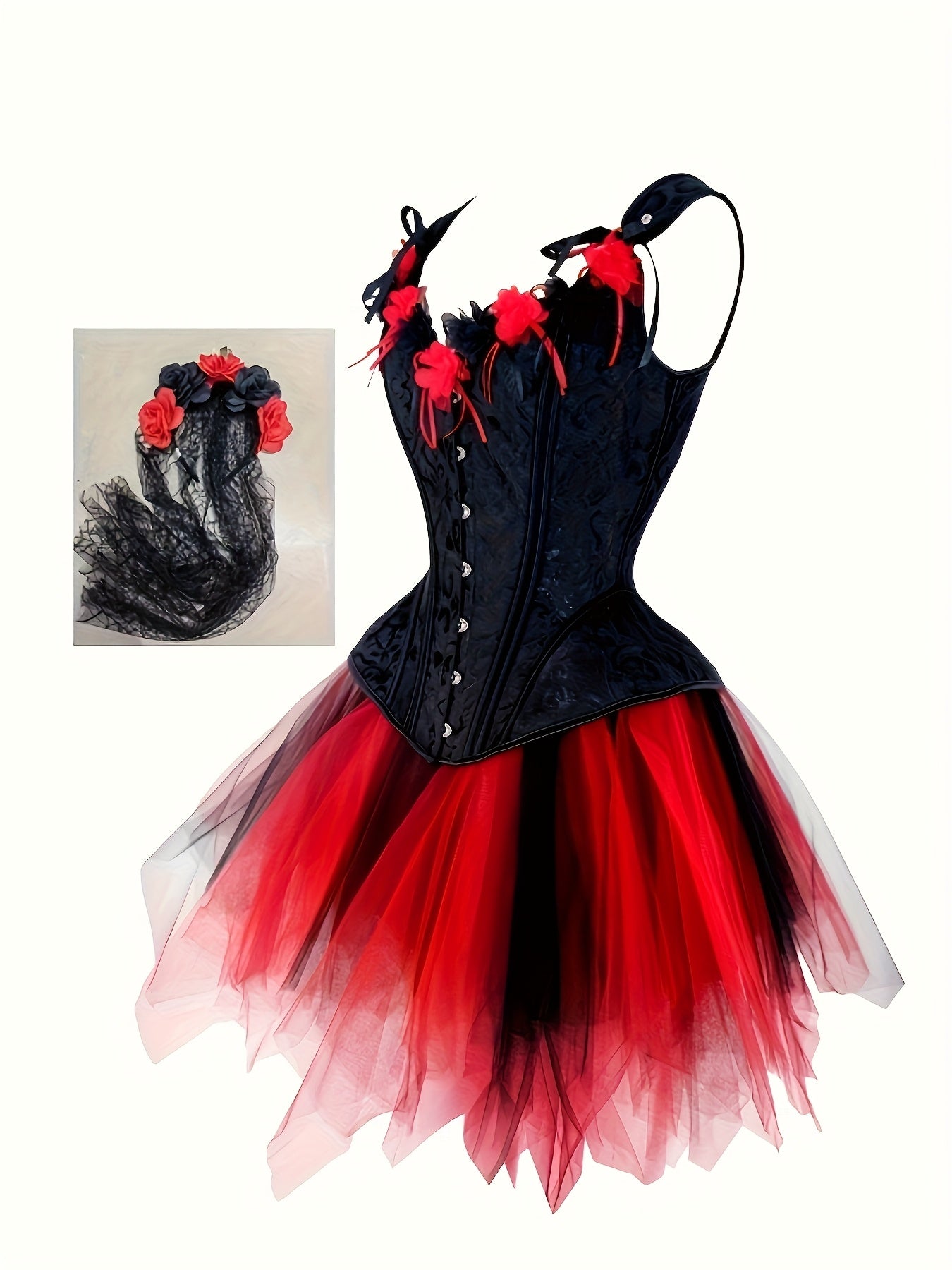 [Gothic Corset Set] Gothic Black Lace Corset and Tutu Skirt Set | Floral Mesh Headband, Mexican Day of the Dead Halloween Blood Rose Cosplay Outfit