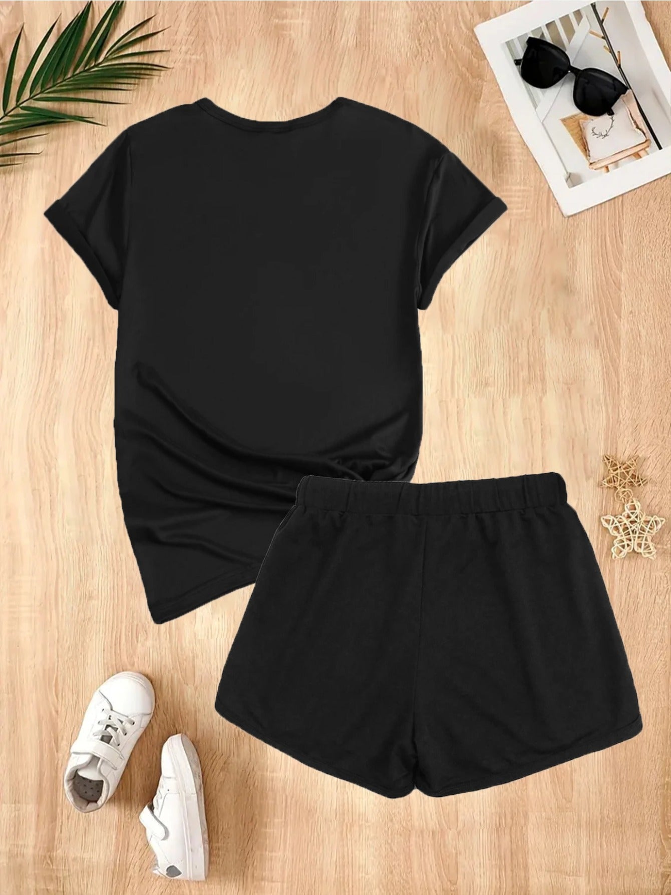 2pcs Women'S Casual Summer Outfit - Rave Graphic Print T-Shirt & Shorts Set, Light Green Polyester Blend, Round Neck, Short Sleeve, High-Waisted Shorts with Drawstring, Perfect for Casual Attire, High Waisted Shorts