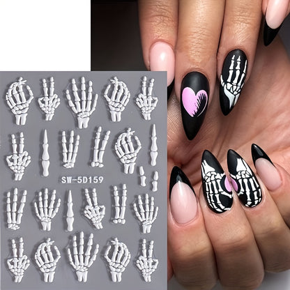 [5D Skull Nail Stickers] 5D Embossed Halloween Skull Nail Art Stickers | Self-Adhesive Decals for DIY Manicure & Pedicure, Cartoon Design, Matte Finish, Fantasy Decorations