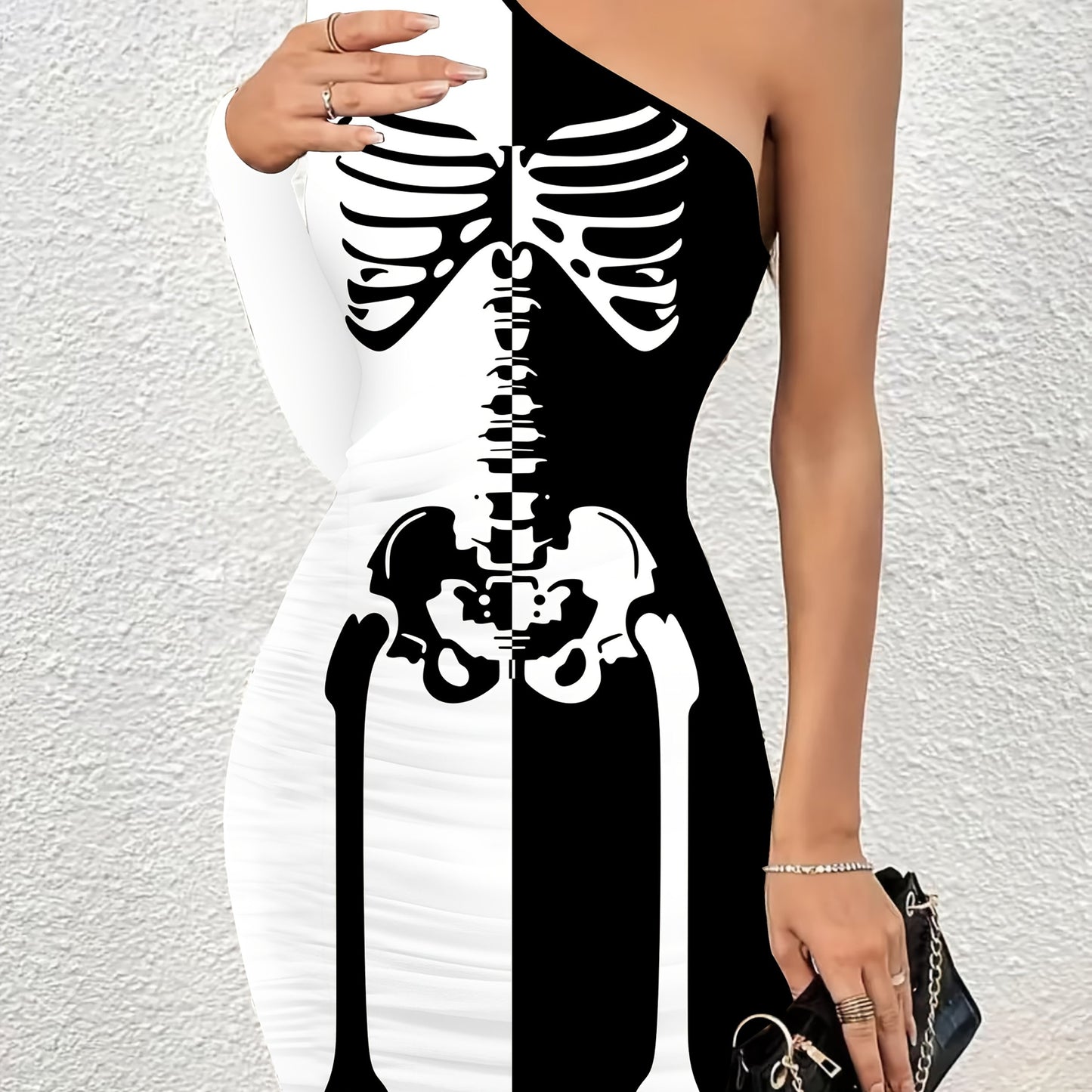 Women'S Elegant One-Shoulder party & Formal Dress - Black and White Skeleton, Bodycon Fit, All-Season Evening gown for Women, Halloween Party Outfit Everyday Chic Attire, Halloween Dress, Evening Wear, Skeleton Print, Stylish