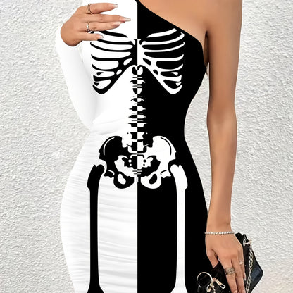 Women'S Elegant One-Shoulder party & Formal Dress - Black and White Skeleton, Bodycon Fit, All-Season Evening gown for Women, Halloween Party Outfit Everyday Chic Attire, Halloween Dress, Evening Wear, Skeleton Print, Stylish