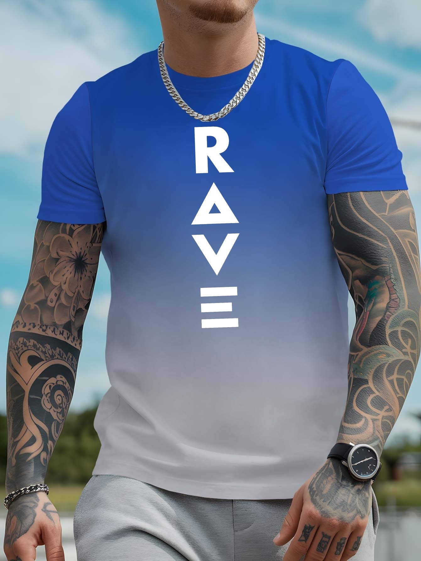 Men's Gradient Rave Graphic T-Shirt - Ice Silky Breathable, Quick-Dry, Round Neck, Short Sleeve, Casual Summer Tee in Vibrant Orange to Black Ombre Design