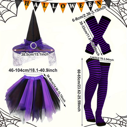 4pcs Halloween Witch Costume Set for Women Ladies Gothic Cosplay Witch Hat Striped Knee High High Over Knee Witch Stockings Arm Warmers Tutu Skirt Set for Women Halloween Witch Cosplay Party Favor Cosplay Costume Accessories
