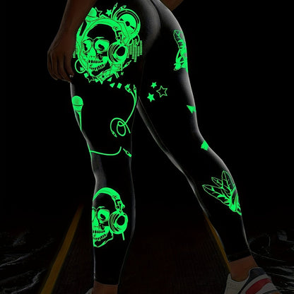 Women'S High-Waisted Stretchy Fitness Leggings with Glow-in-the-Dark Skull Print - Black, Elastic Waistband, Long Length for Running, Yoga & Halloween Party Wear, Yoga Pants, Halloween Leggings, Bold Graphic Pants, Highelasti