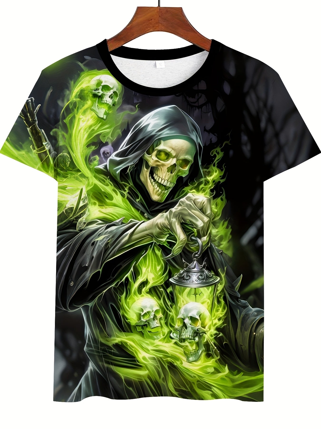 Men'S Casual Crew Neck T-Shirt with 3D Skeleton Print, Green Flame and Skulls Design, Lightweight Polyester Fabric, Regular Fit Short Sleeve Tee for Casual Attire, Outdoor Tshirt | Unique Graphic Tee | Durable Casualwea