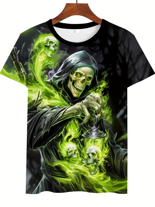 Men'S Casual Crew Neck T-Shirt with 3D Skeleton Print, Green Flame and Skulls Design, Lightweight Polyester Fabric, Regular Fit Short Sleeve Tee for Casual Attire, Outdoor Tshirt | Unique Graphic Tee | Durable Casualwea