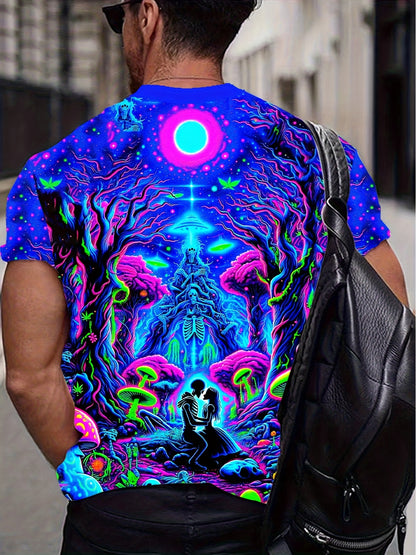 Men's 3D Printed Geometric Cosmic Scene Casual T-Shirt - Vibrant Neon Colors, Machine Washable Crew Neck Short Sleeve Top for Summer Outdoor Activities, Artistic Back Design