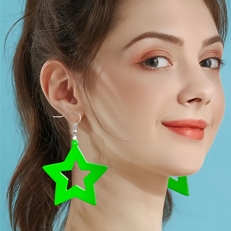 1/4 pair of neon star earrings made of acrylic material, with bright pink, orange, yellow, and green colors as perfect party gifts to express your sincere emotions. Party earrings with bright colors, hanging earrings design,