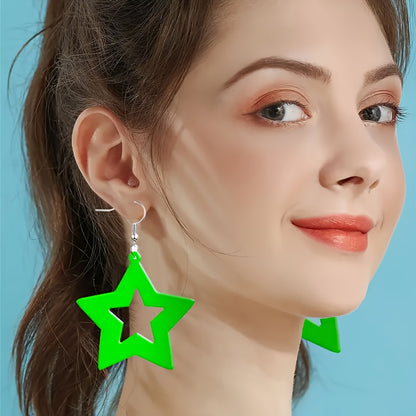 1/4 pair of neon star earrings made of acrylic material, with bright pink, orange, yellow, and green colors as perfect party gifts to express your sincere emotions. Party earrings with bright colors, hanging earrings design,