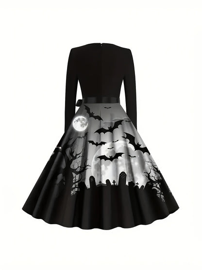 [Halloween, Festive Wear] Women's Vintage Halloween Party Dress - Long Sleeve A-Line Costume with flared Shirt, Machine Washable Non-See-Through Fabric, Elegant Gothic Halloween Outfit for Halloween Parties, Haunted Houses, T