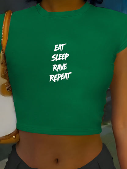 [Y2K Graphic Tee] Pink Polyester Y2K Style Graphic Crop Top T-Shirt - Women's "Eat Sleep Rave Repeat" Crew Neck Tee | Y2K Fashion | Casual Attire, Rave Party Apparel